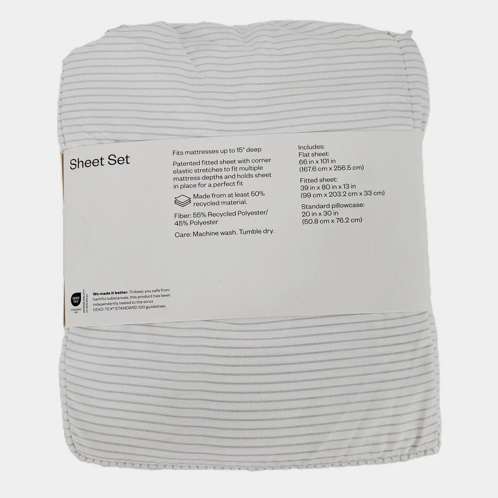 Room Essentials Twin XL Gray Stripe Microfiber‎ Sheet Set 3pc Wrinkle Resistant